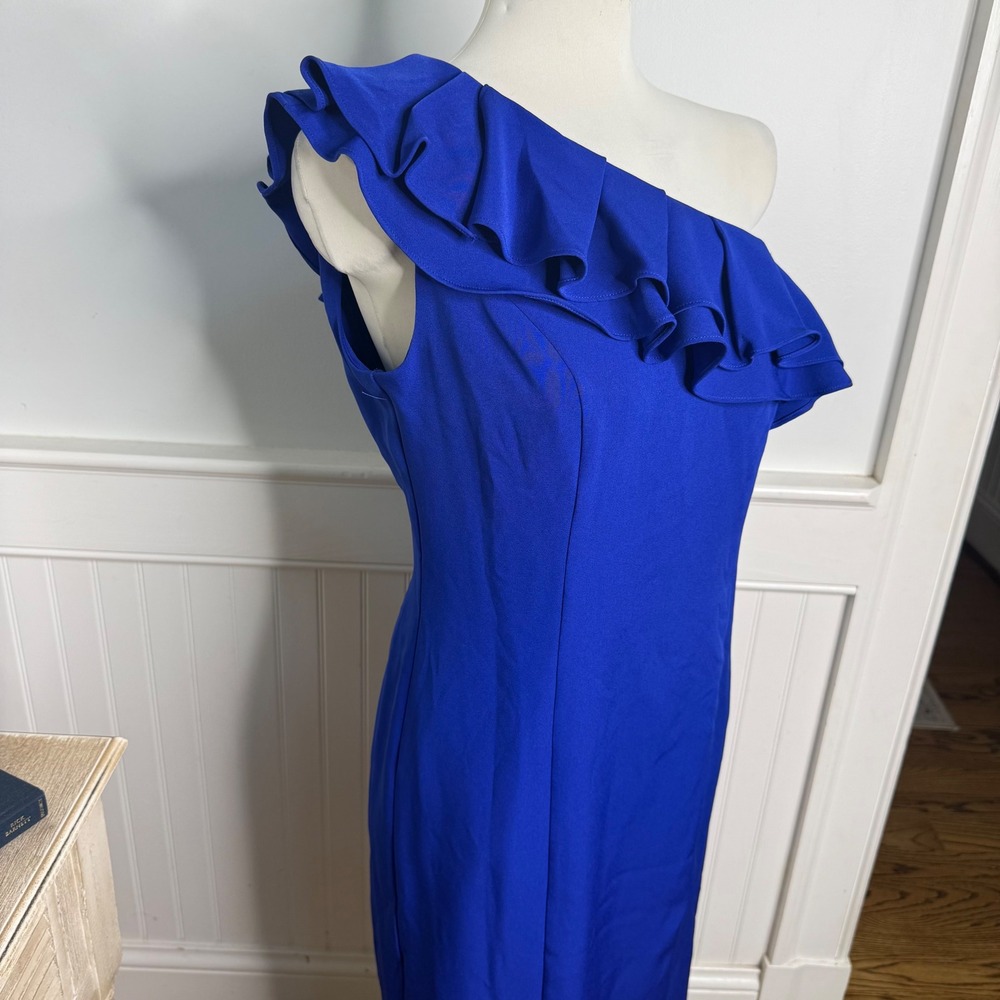 Marina One Shoulder Ruffle Sheath Dress Cobalt Blue Size 6 NWT - Picture 2 of 7